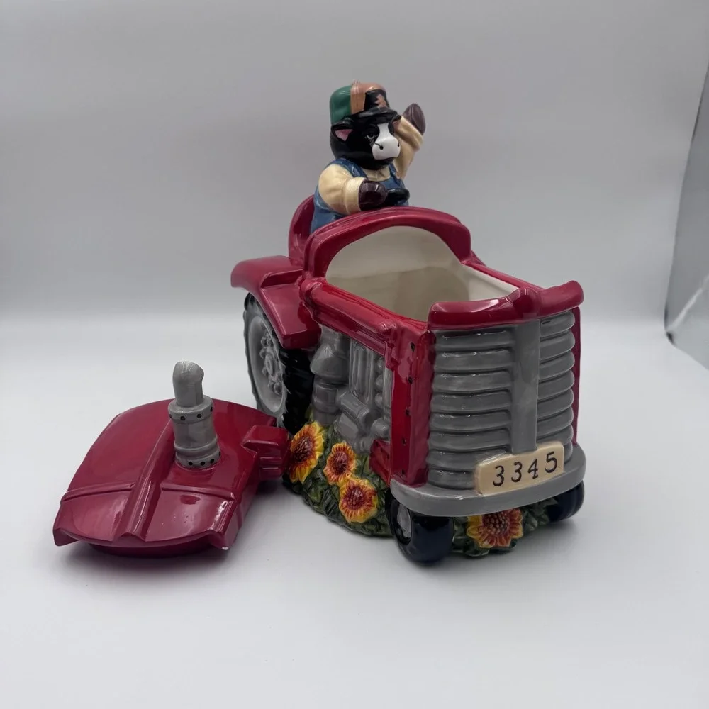Vintage Cow Driving Red Tractor Ceramic Cookie Jar Farmhouse Decor 3345